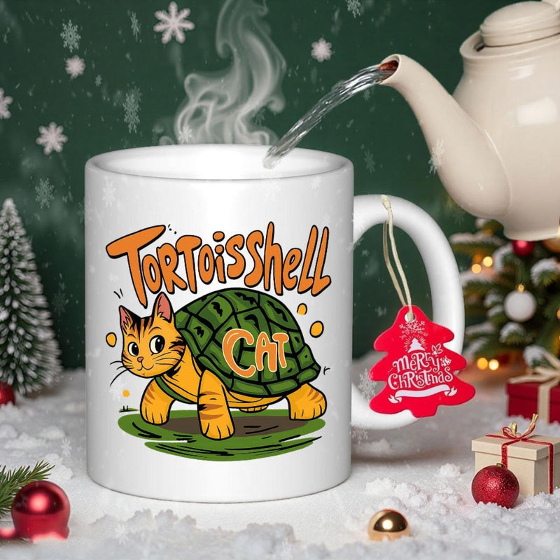 Tailorly White Ceramic 11 oz Mug - Tortoiseshell Cat Whimsical Orange Kitten Wearing A Protective Green Patterned Shell Cat