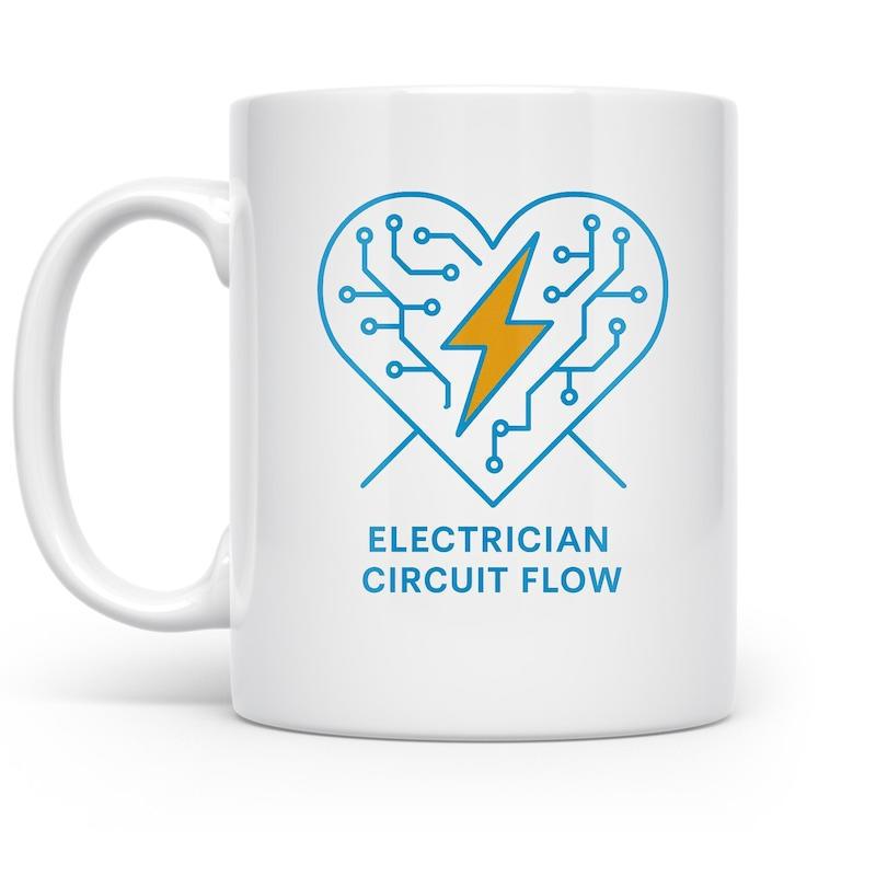 Tailorly White Ceramic 11 oz Mug - Electrician Circuit Flow Blue Heart Outline Featuring Intricate Electronic Circuitry Lines With A Central Golden Power Heart