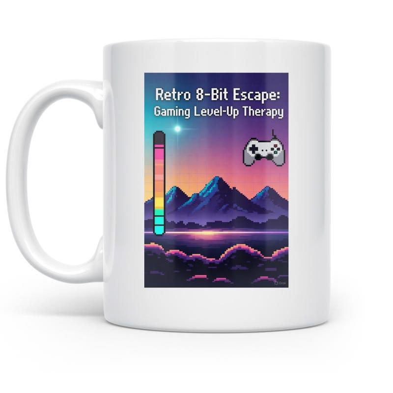Tailorly White Ceramic 11 oz Mug - Retro 8-Bit Escape Gaming Level-Up Therapy Retro Vaporwave Landscape Featuring Gaming Controller Icon Above Distant Purple Peak