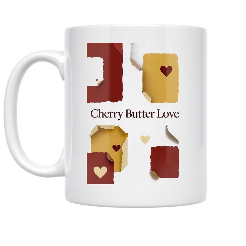 Tailorly White Ceramic 11 oz Mug - Cherry Butter Love Vintage Torn Paper Pieces With Delicate Heart Accents Mug