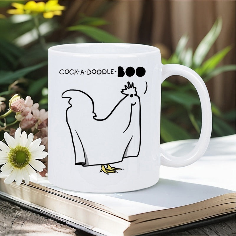 Tailorly White Ceramic 11 oz Mug - Cock A Doodle Boo Minimalist Line Drawing Of A Funny Rooster Wearing A Ghost Costume Rooster
