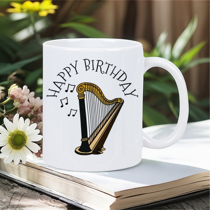 Tailorly White Ceramic 11 oz Mug - Happy Birthday Elegant Golden String Instrument With Floating Musical Notes Playing Melodic Harmony Harp
