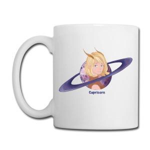 Tailorly White Ceramic 11 oz Mug - Capricorn Golden Horned Girl With Rings Of Saturn In Deep Space Zodiac