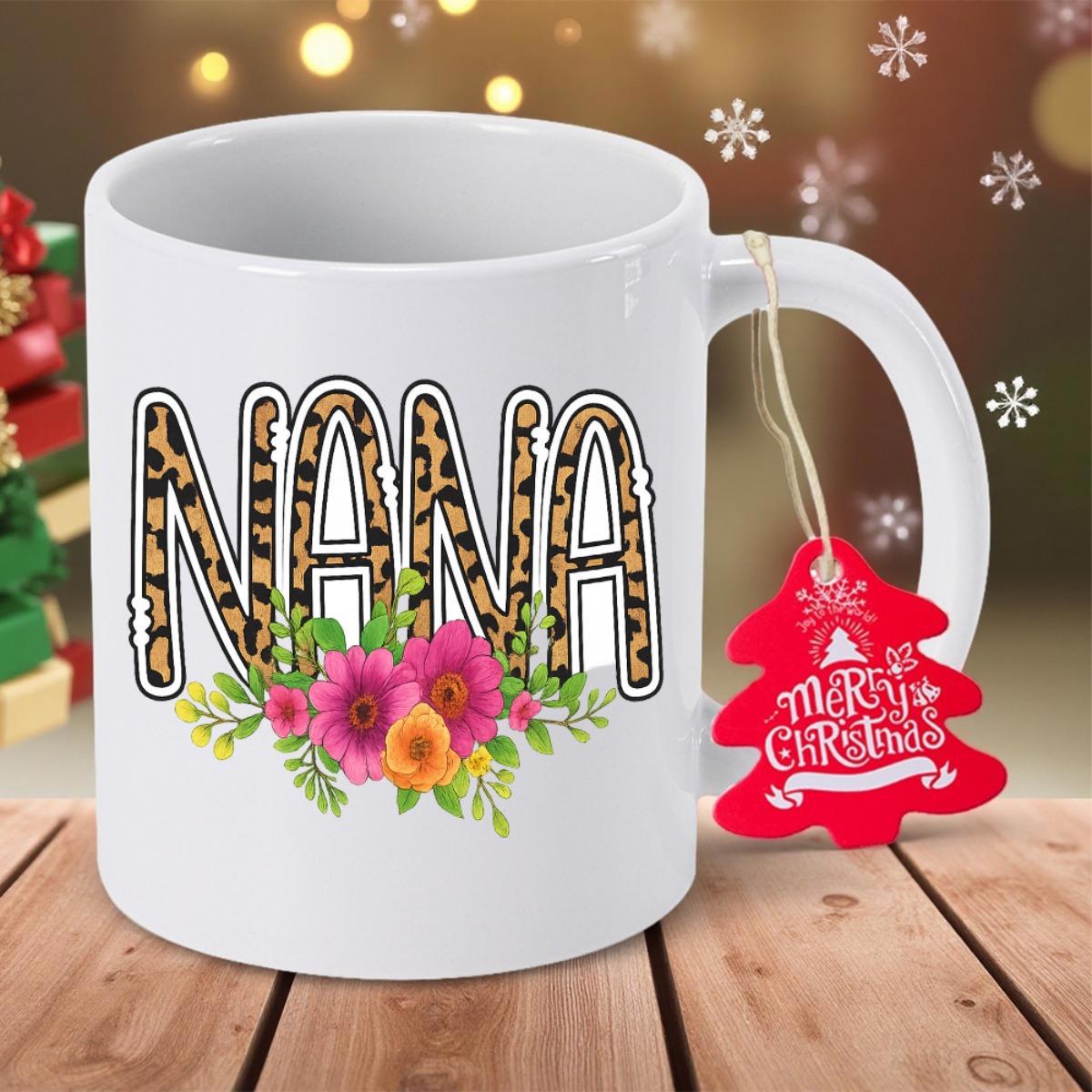 Tailorly White Ceramic 11 oz Mug - Nana Elegant Leopard Patterned Letters Surrounded By Vibrant Blooming Pink Floral Mug