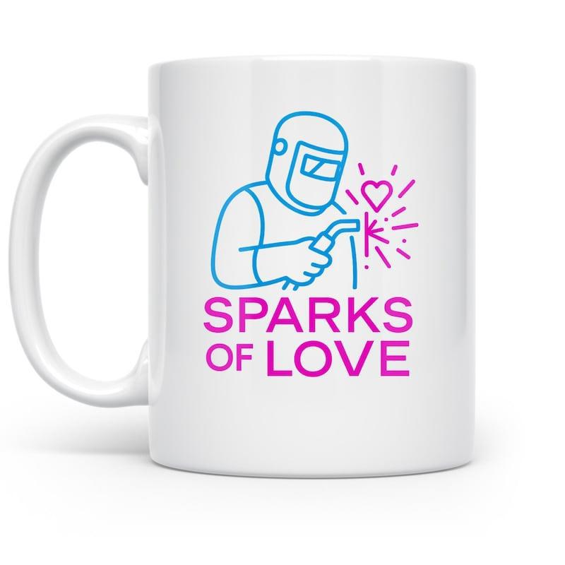 Tailorly White Ceramic 11 oz Mug - Sparks Of Love Artistic Industrial Worker Creating Heart Shaped Pink Glowing Sparks Among Bright Lines Welder