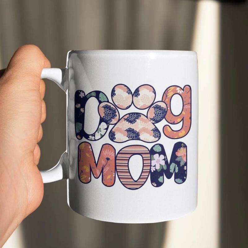 Tailorly White Ceramic 11 oz Mug - Dog Mom Floral And Leopard Patterned Artistic Letters With A Cute Paw
