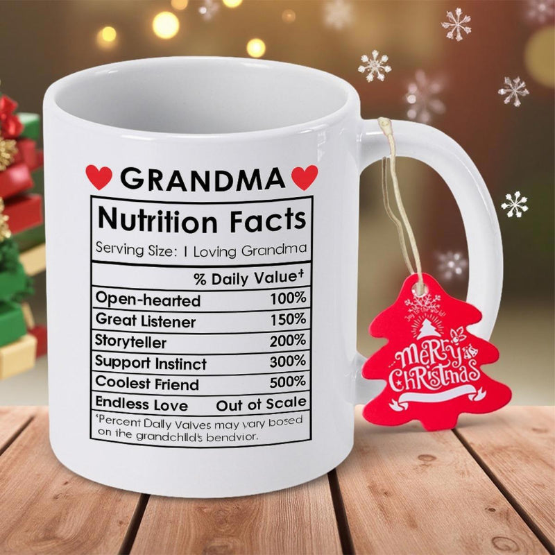 Tailorly White Ceramic 11 oz Mug - Grandma Nutrition Facts Merry Christmas Detailed Nutritional Label Featuring Two Red Hearts
