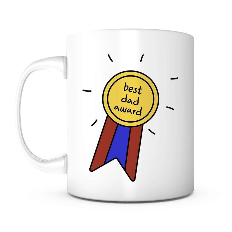 Tailorly White Ceramic 11 oz Mug - Best Dad Award Cartoon Style Golden Medal With Red And Blue Ribbons Shining Brightly Award
