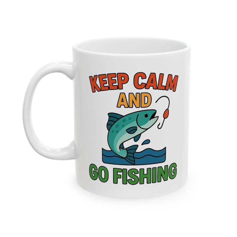 Tailorly White Ceramic 11 oz Mug - Keep Calm And Go Fishing Vibrant Green Fish Leaping Over Blue Water Waves With Hook Fish