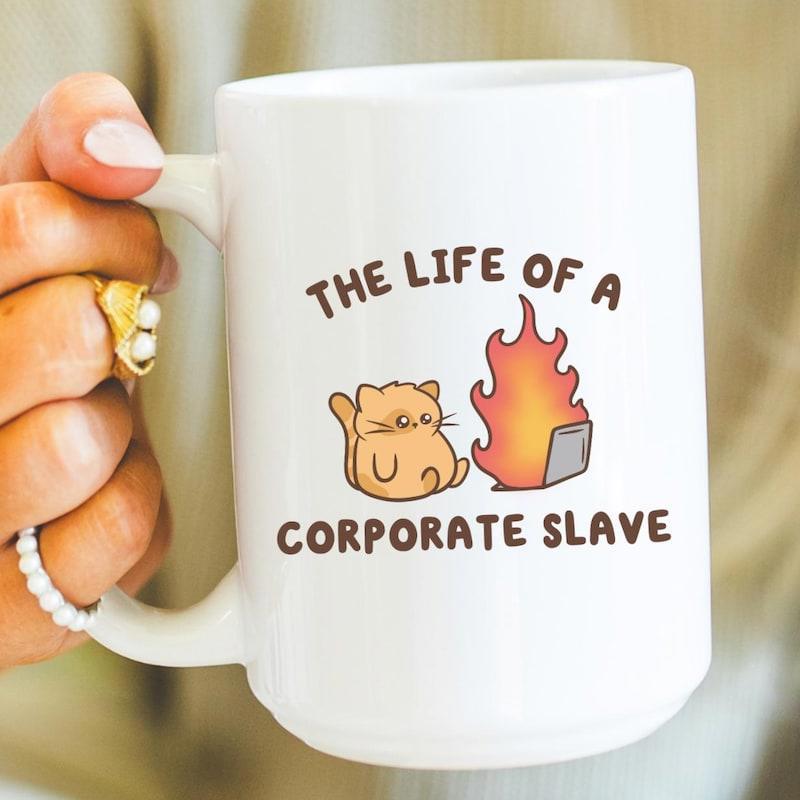 Tailorly White Ceramic 11 oz Mug - The Life Of A Corporate Slave Sitting Chubby Orange Kitten Beside A Burning Desktop Computer Screen Cat