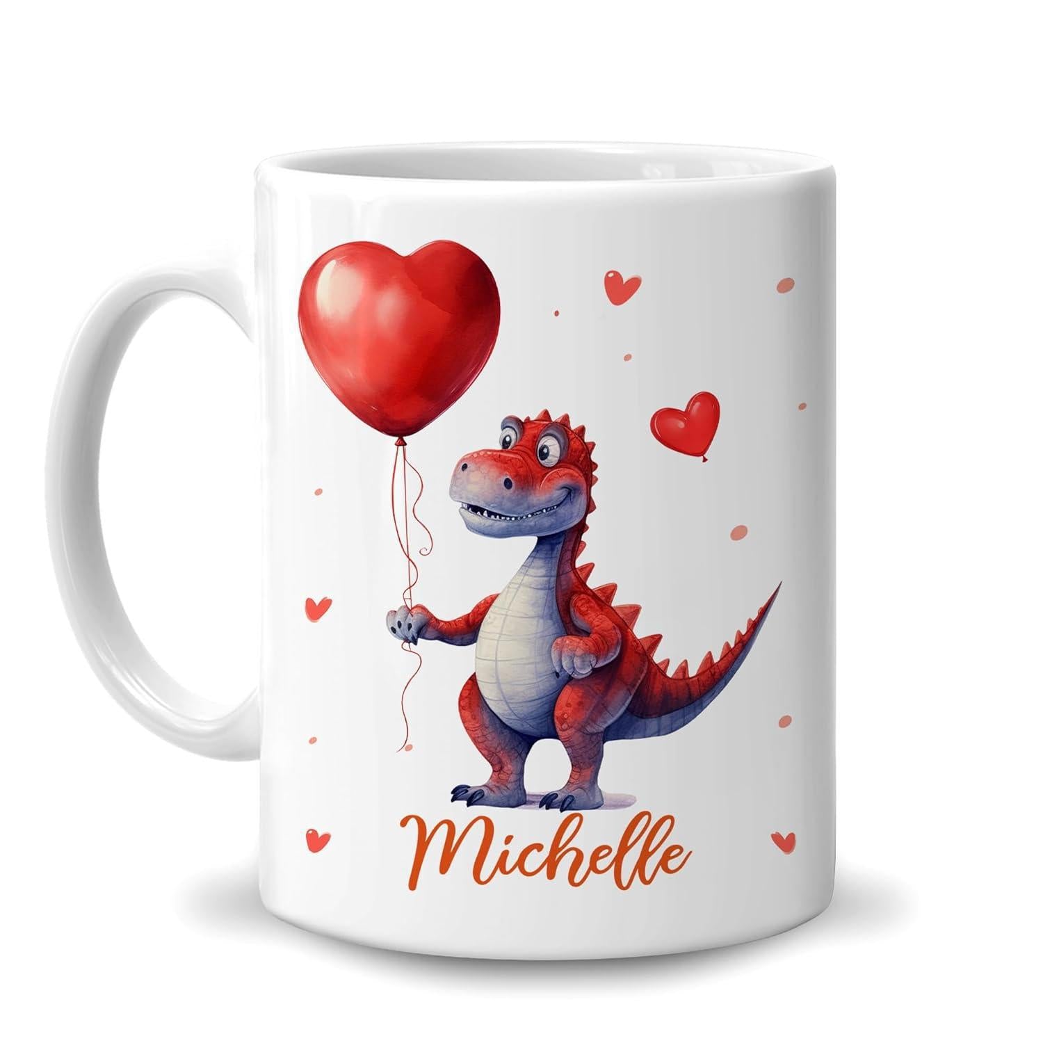 Tailorly White Ceramic 11 oz Mug - Michelle Adorable Red Cartoon Dinosaur Holding A Large Floating Heart Balloon Among Hearts Dinosaur