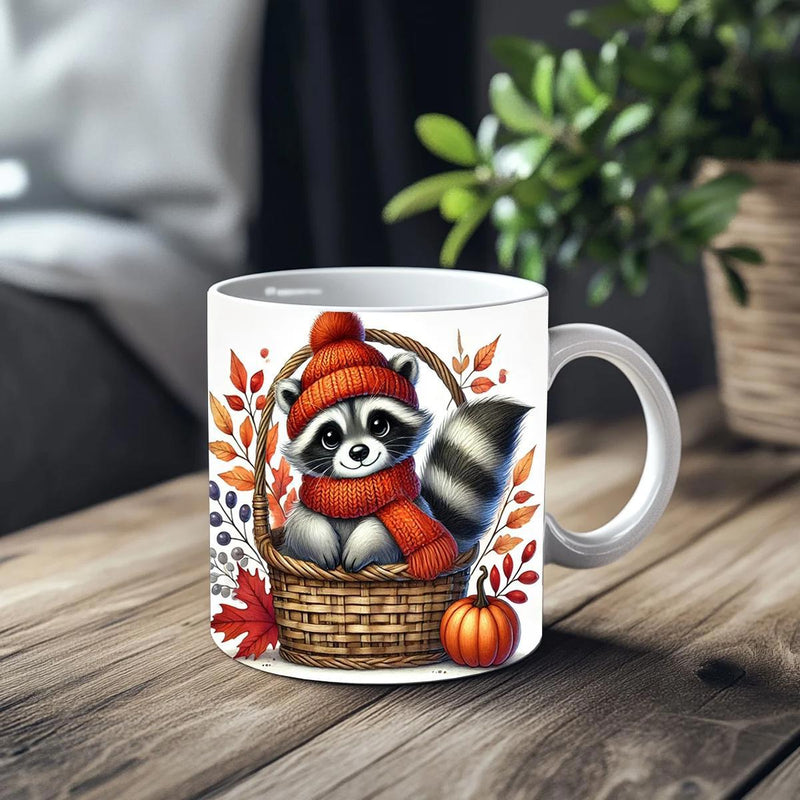 Tailorly White Ceramic 11 oz Mug - Adorable Forest Animal Wearing Red Scarf Among Colorful Autumn Maple Leaves Raccoon