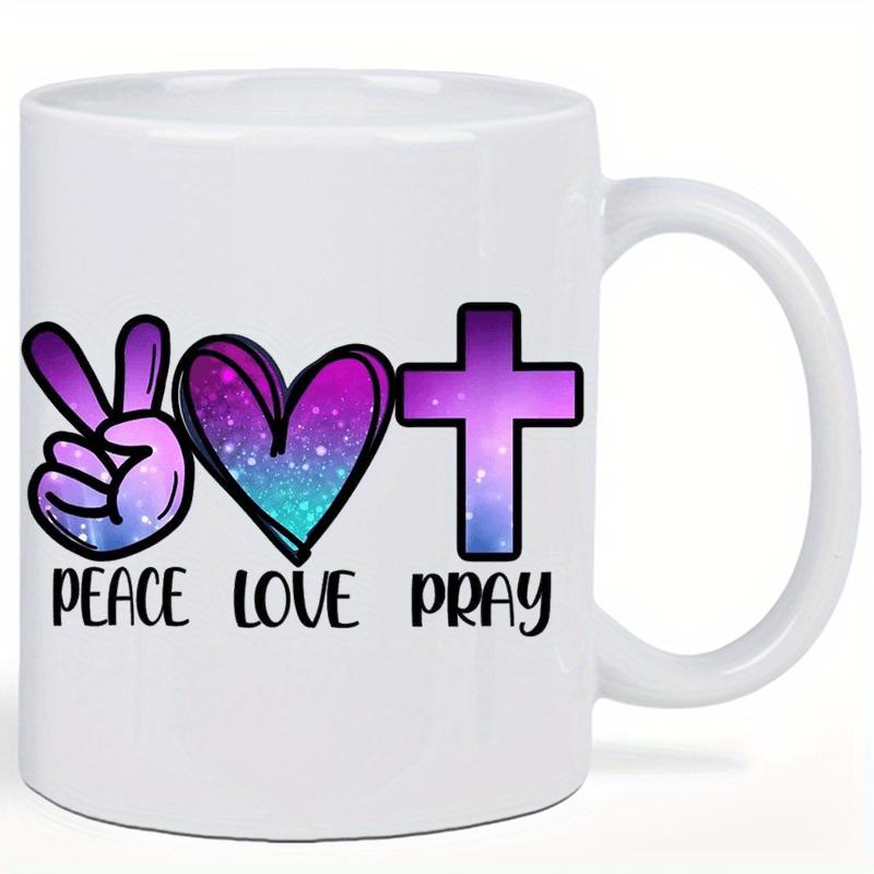 Tailorly White Ceramic 11 oz Mug - Peace Love Pray Colorful Gradient Symbols Featuring Peace Sign Heart And Spiritual Cross
