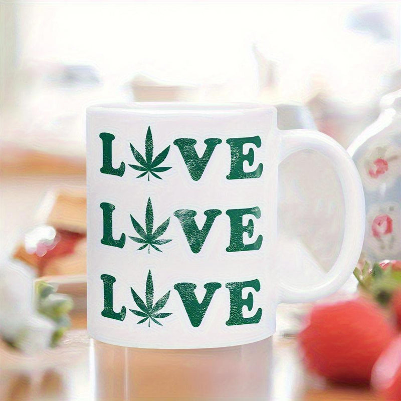 Tailorly White Ceramic 11 oz Mug - Love Green Distressed Texture Leaves Arranged In Vertical Row Pattern Mug