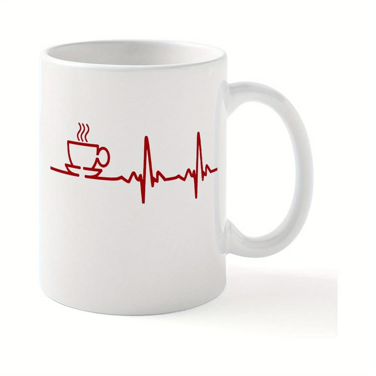 Tailorly White Ceramic 11 oz Mug - Minimalist Red Line Art With Steaming Coffee Cup On Rhythmic Heartbeat Mug