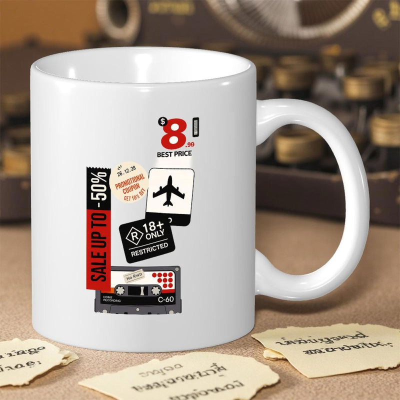 Tailorly White Ceramic 11 oz Mug - Best Price Save Up To 50 Percent 18 Only Restricted Retro Collage Featuring Airplane Icon And Vintage Music Cassette Tape Mug