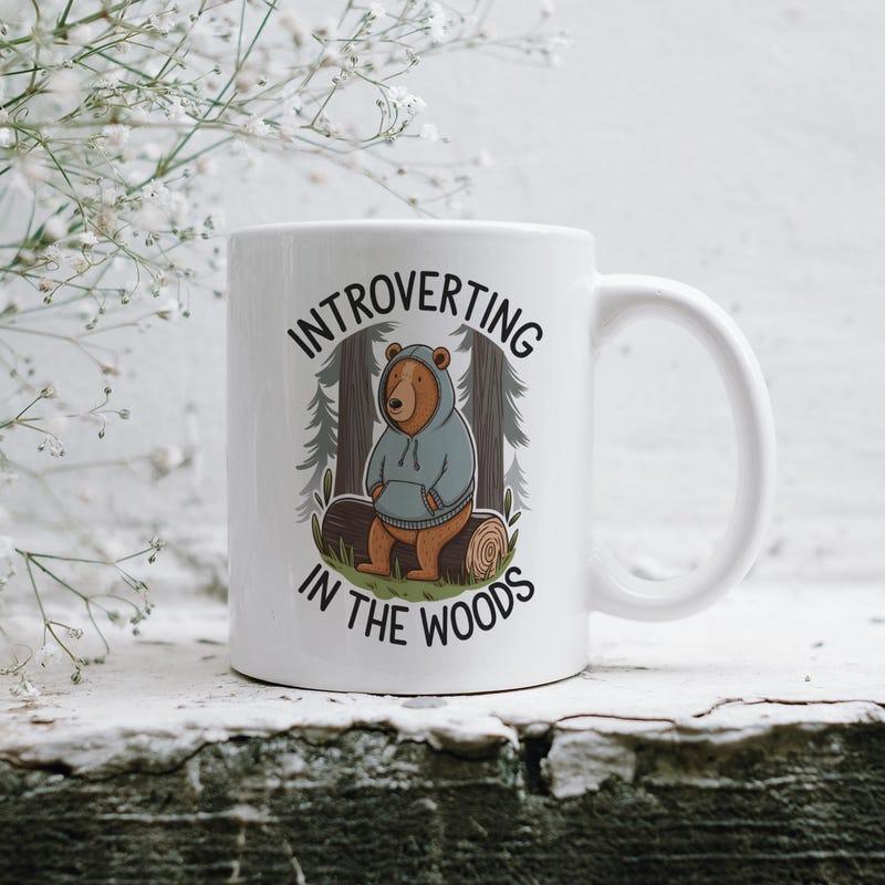 Tailorly White Ceramic 11 oz Mug - Introverting In The Woods Quiet Forest Scene Featuring Cartoon Animal In Hoodie Bear