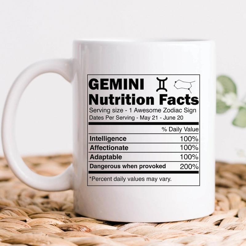 Tailorly White Ceramic 11 oz Mug - Gemini Nutrition Facts Scientific Information Chart Layout Displaying Celestial Stars And Twin Symbol Label