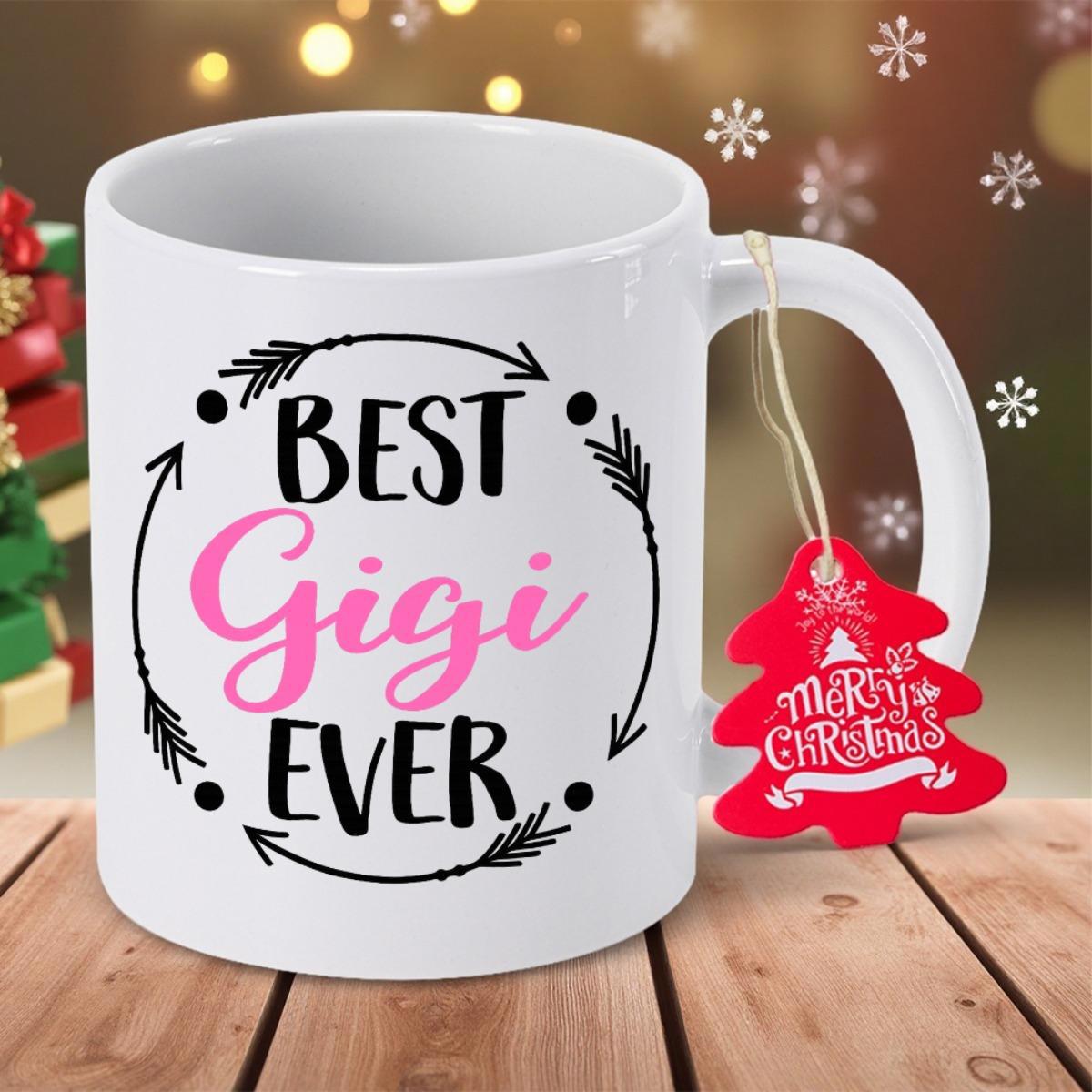 Tailorly White Ceramic 11 oz Mug - Best Gigi Ever Rustic Circular Arrows With Decorative Dots Surrounding Elegant Pink Script Wreath
