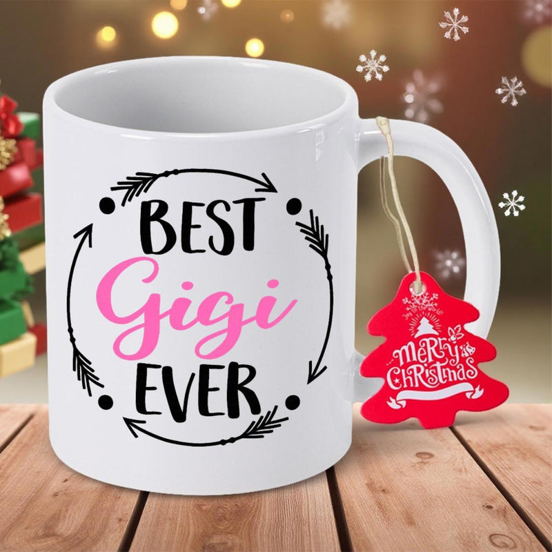 Tailorly White Ceramic 11 oz Mug - Best Gigi Ever Rustic Circular Arrows With Decorative Dots Surrounding Elegant Pink Script Wreath