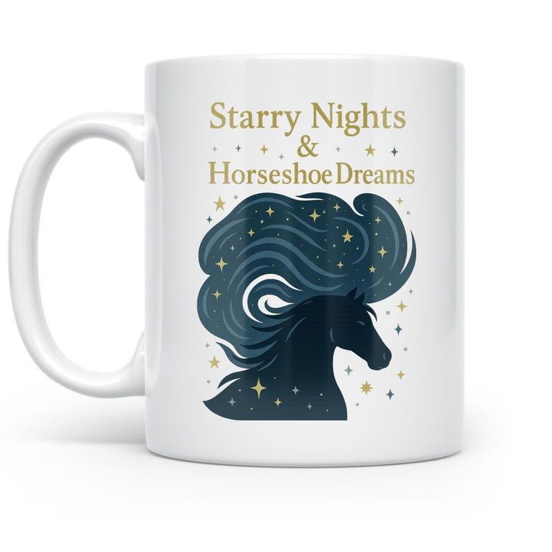 Tailorly White Ceramic 11 oz Mug - Starry Nights Horseshoe Dreams Majestic Silhouette With Flowing Mane Containing Twinkling Golden Cosmic Stars Horse