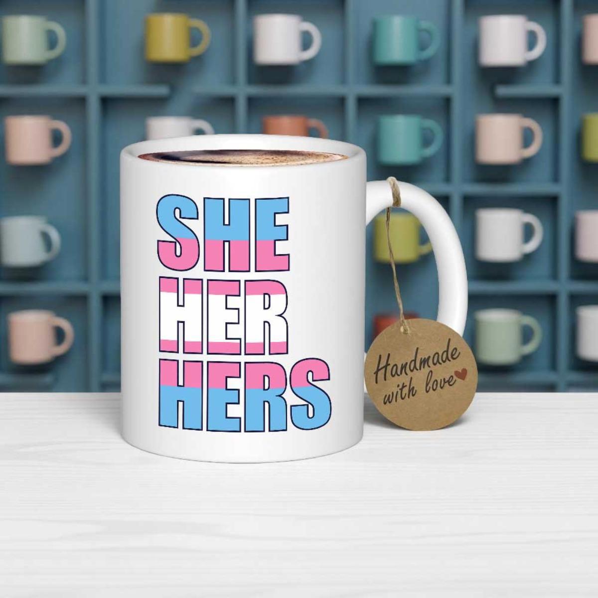 Tailorly White Ceramic 11 oz Mug - She Her Hers Minimalist Ceramic Drinkware Featuring Pastel Pride Flag Colors Mug