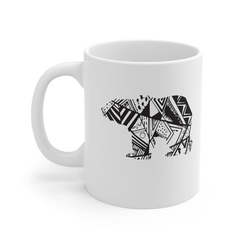 Tailorly White Ceramic 11 oz Mug - Intricate Artistic Geometric Tribal Pattern Within A Wild Silhouette Of A Bear