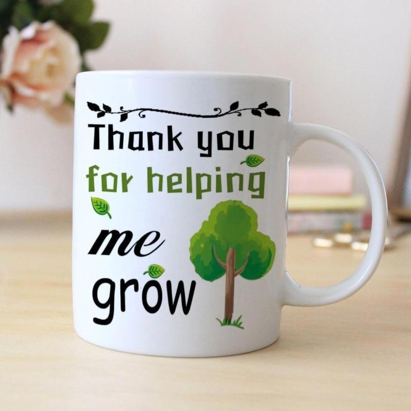 Tailorly White Ceramic 11 oz Mug - Thank You For Helping Me Grow Lush Green Tree With Small Floating Leaves And Decorative Vine Header Tree