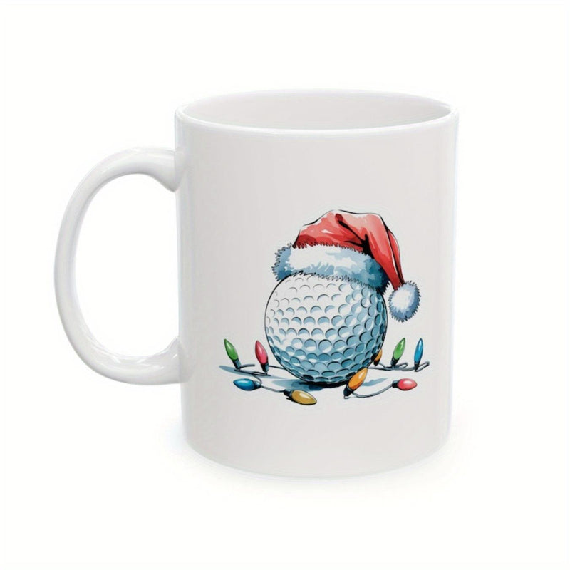 Tailorly White Ceramic 11 oz Mug - Christmas Themed Watercolor Texture With Santa Hat And Festive Colorful Lights Golf Ball