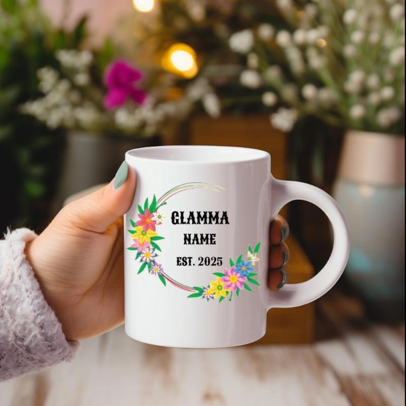 Tailorly White Ceramic 11 oz Mug - Glamma Name Est 2023 Colorful Spring Blossoms Arranged In A Circular Delicate Wreath Design Wreath