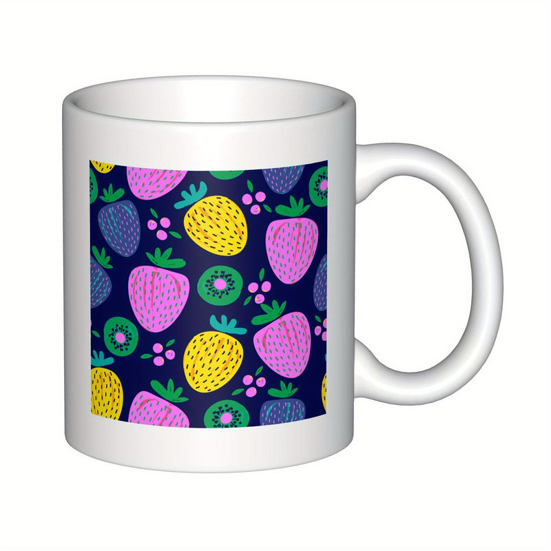 Tailorly White Ceramic 11 oz Mug - Vibrant Hand Drawn Colorful Pattern With Kiwis Berries And Tropical Summer Strawberry