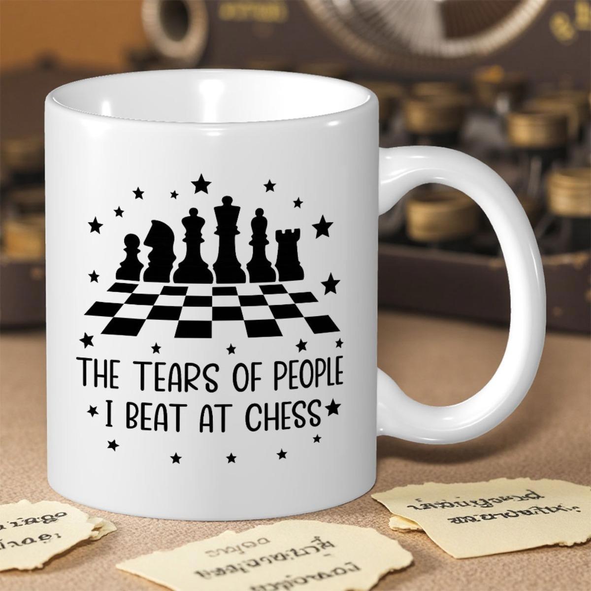 Tailorly White Ceramic 11 oz Mug - The Tears Of People I Beat At Chess Solid Black Silhouette Pieces Arrayed Upon Classic Checkered Competition Board Chessboard