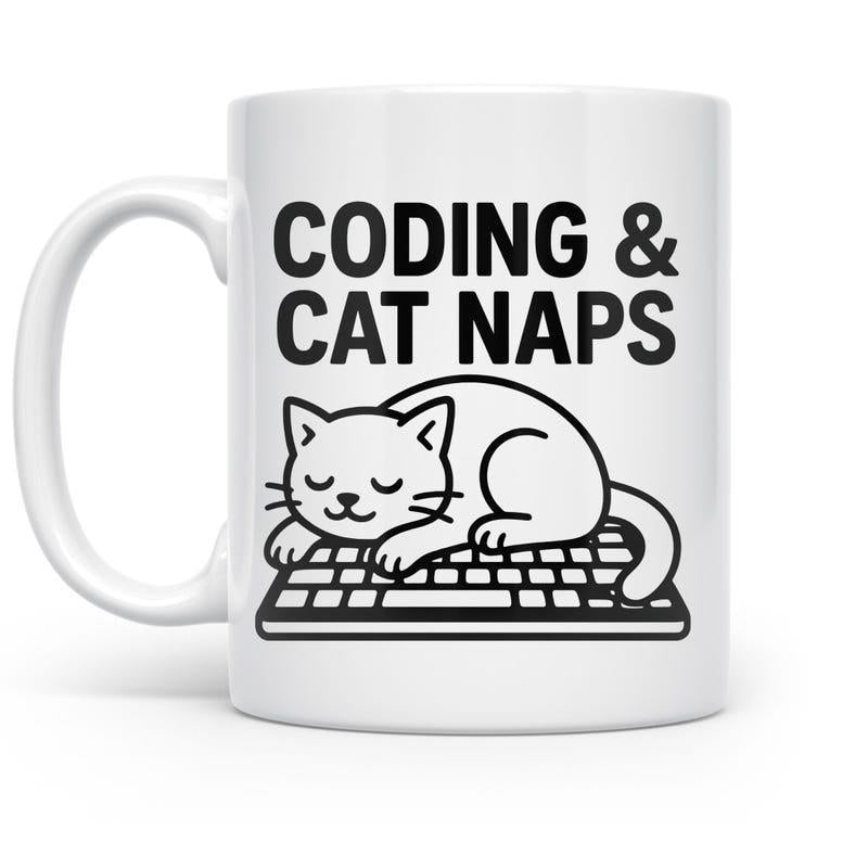 Tailorly White Ceramic 11 oz Mug - Coding Cat Naps Adorable Sleeping Feline Resting Peacefully On A Computer Keyboard Cat