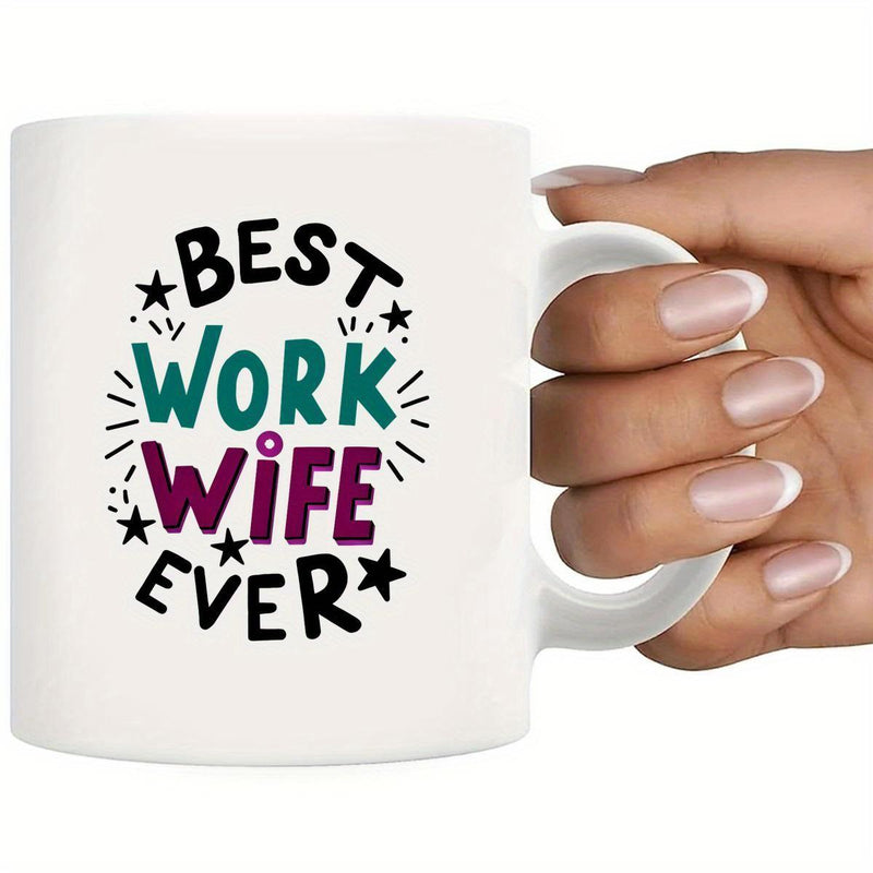 Tailorly White Ceramic 11 oz Mug - Best Work Wife Ever Sparkling Stars And Artistic Lines Surrounding Bold Colorful Motivational Typography Pattern Mug