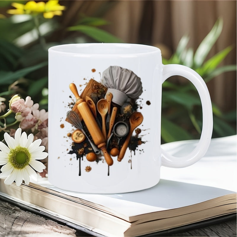 Tailorly White Ceramic 11 oz Mug - Classic Chef Hat With Wooden Spoons And Rolling Pin Among Creative Splatters Utensils