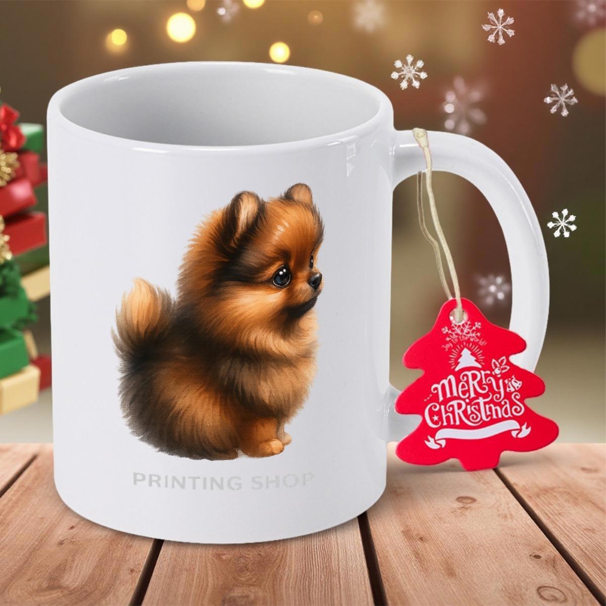 Tailorly White Ceramic 11 oz Mug - Merry Christmas Adorable Fluffy Brown Puppy Sitting Peacefully In Soft Warm Light Pomeranian