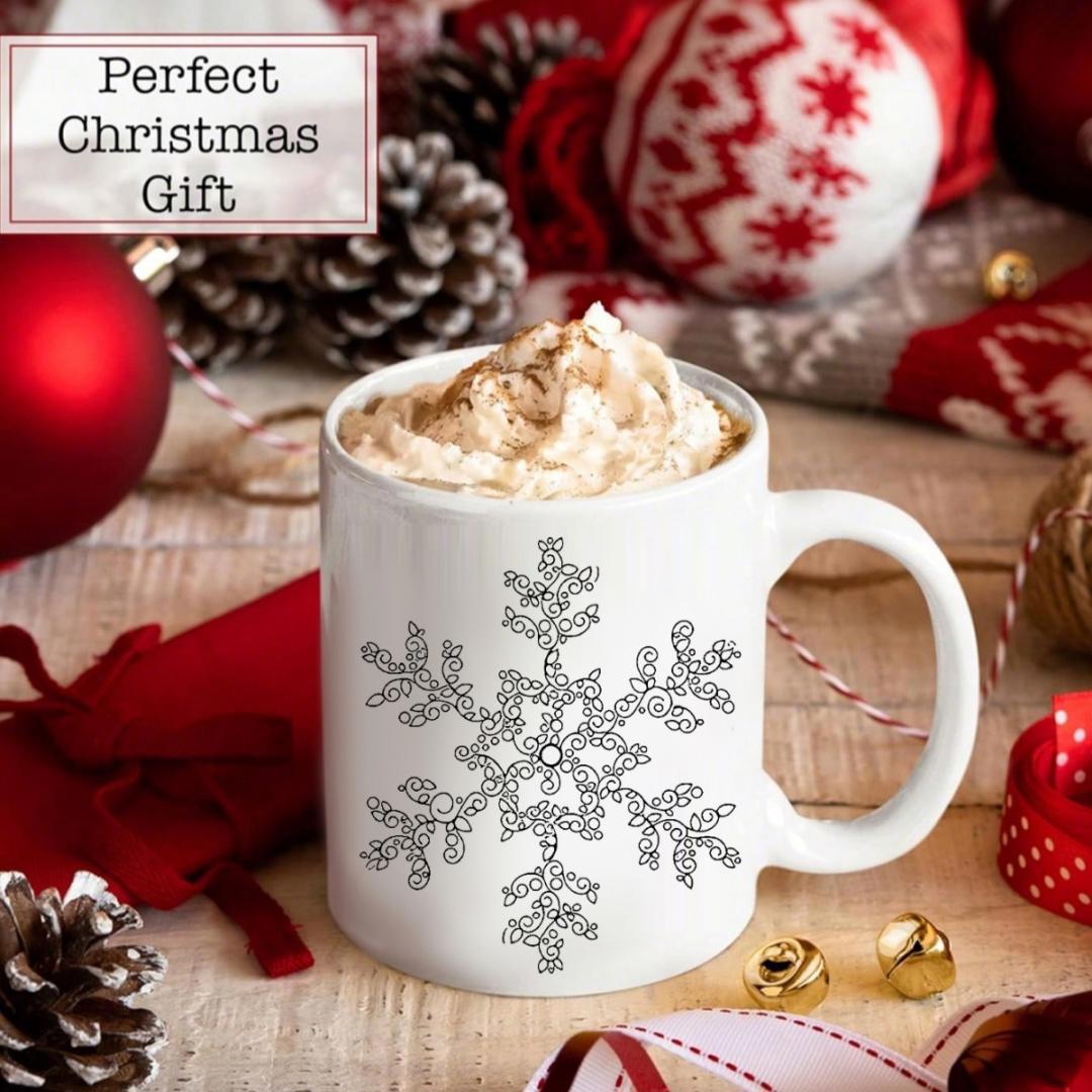 Tailorly White Ceramic 11 oz Mug - Elegant Intricate Symmetrical Geometric Line Art Pattern Design Snowflake