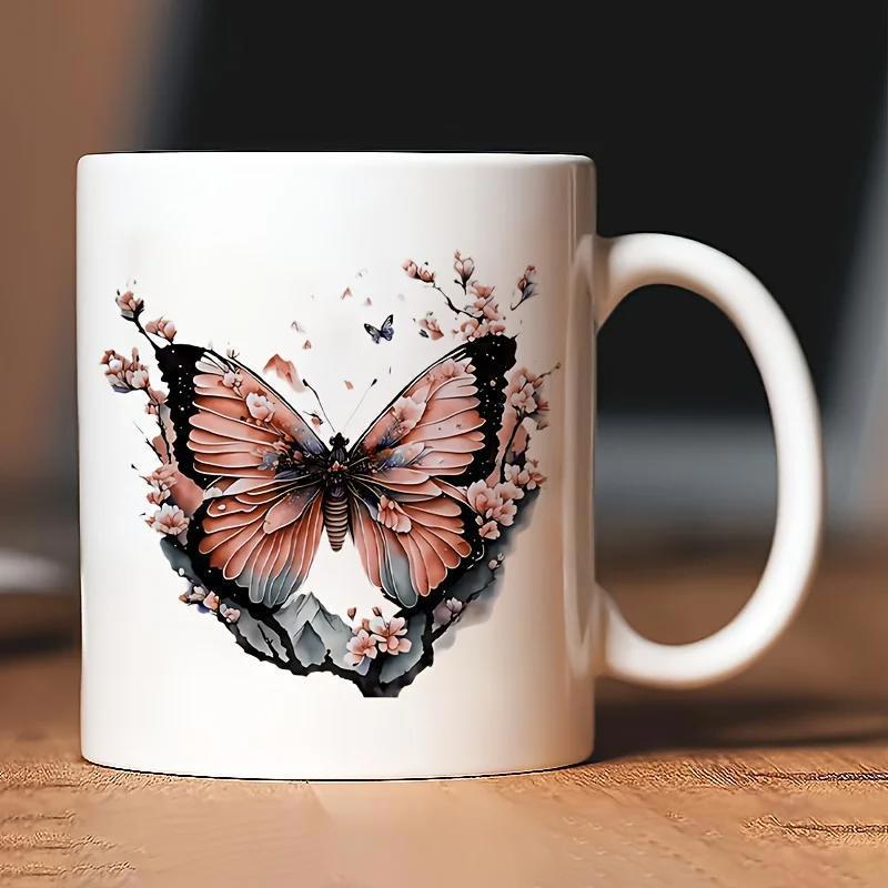 Tailorly White Ceramic 11 oz Mug - Elegant Pink Butterfly Among Delicate Cherry Blossoms Floating Above Rugged Mountains Butterfly
