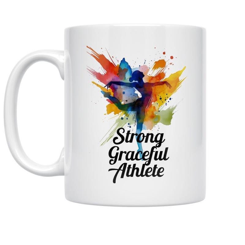Tailorly White Ceramic 11 oz Mug - Strong Graceful Athlete Colorful Watercolor Splatter Design Showing Dynamic Movements Silhouette Athlete