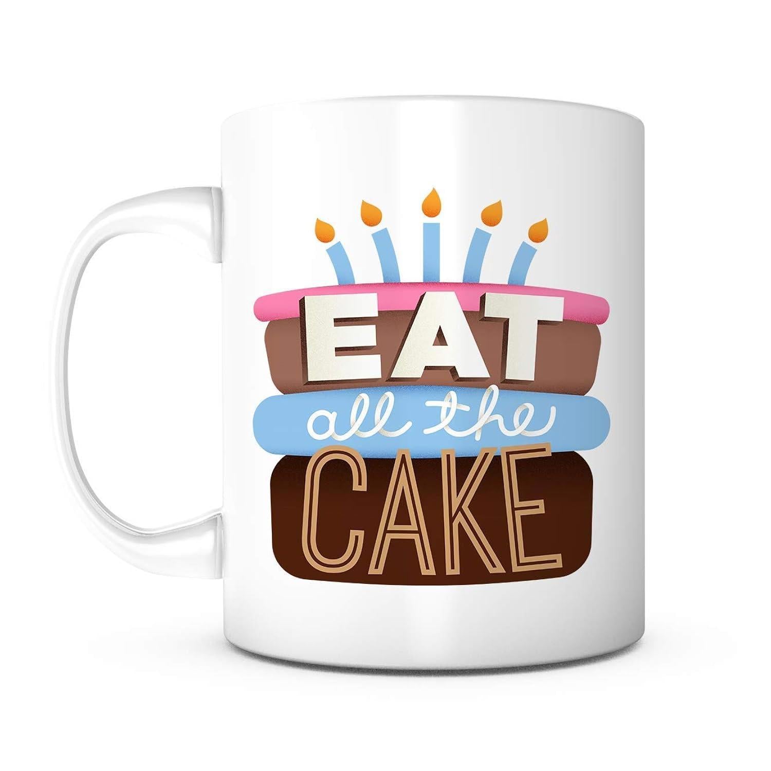 Tailorly White Ceramic 11 oz Mug - Eat All The Cake Multi Layered Birthday Celebration Dessert With Glowing Blue Lit Decorative Candles Cake