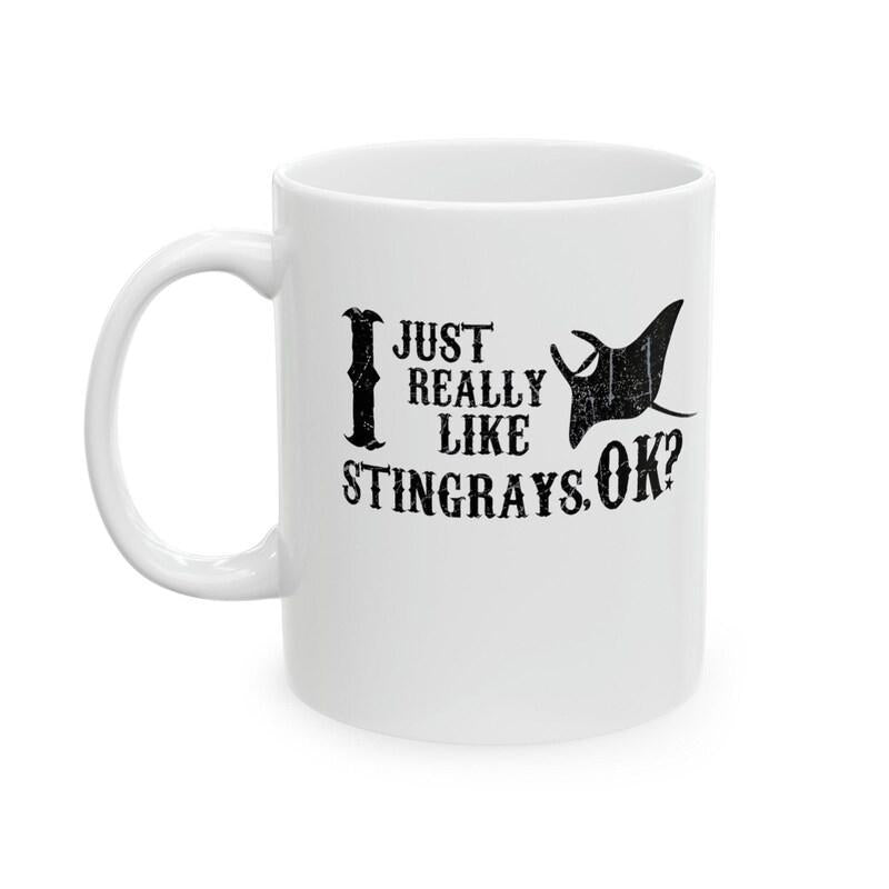 Tailorly White Ceramic 11 oz Mug - I Just Really Like Stingrays OK Minimalist Black Silhouette Swimming With Graceful Movement Through Deep Water Stingray