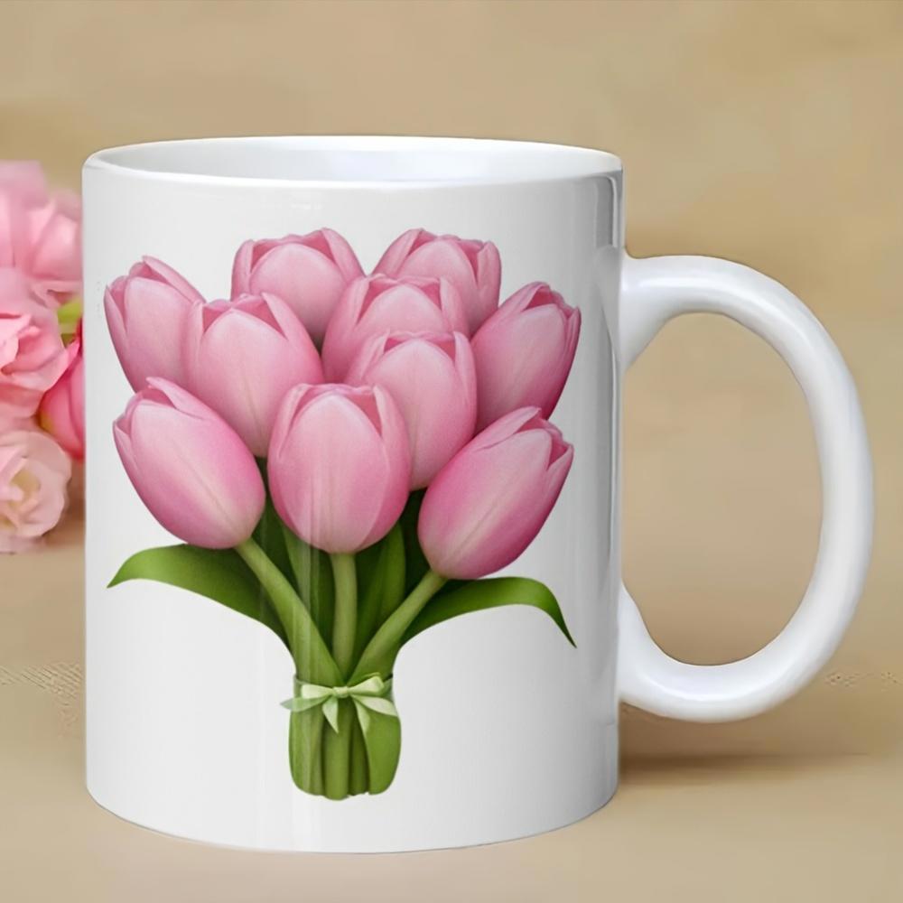 Tailorly White Ceramic 11 oz Mug - Beautiful Bouquet Of Pink Tulips With Elegant Green Ribbon And Leaves Tulip