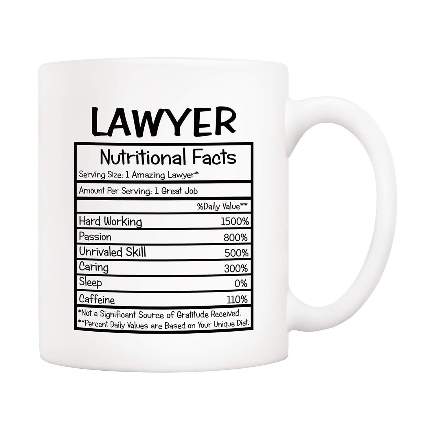 Tailorly White Ceramic 11 oz Mug - Lawyer Nutritional Facts Clean Black Typography Showcasing Humorous Professional Traits Formatted Within Standard Label