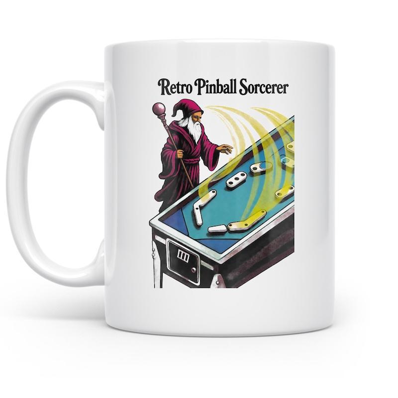 Tailorly White Ceramic 11 oz Mug - Retro Pinball Sorcerer Mystical Figure Playing Classic Arcade Machine With Glowing Energy Trails Sorcerer