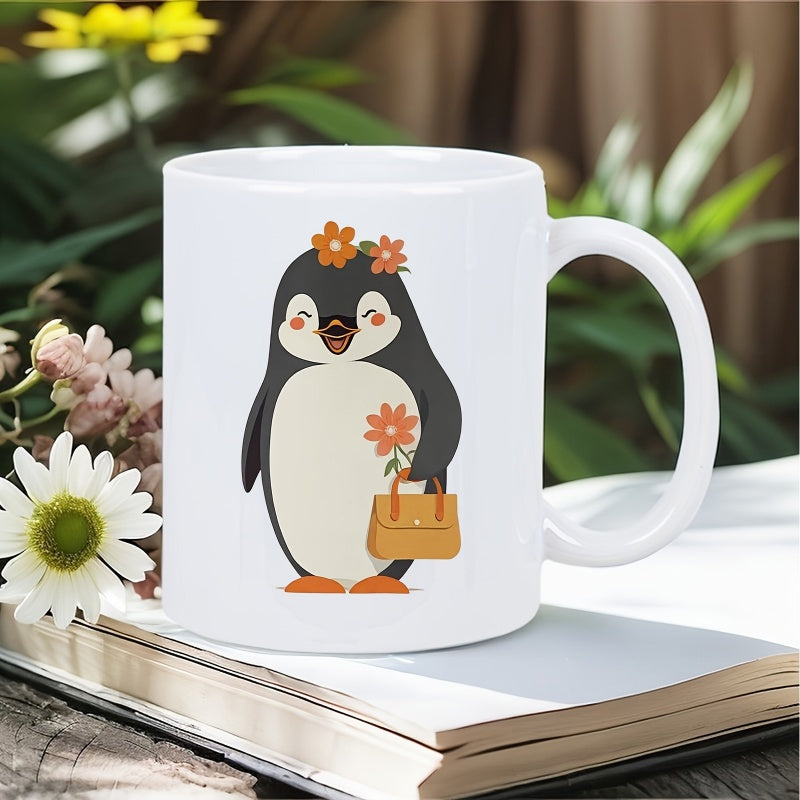 Tailorly White Ceramic 11 oz Mug - Adorable Smiling Character Wearing Flowers And Carrying A Small Handbag Penguin