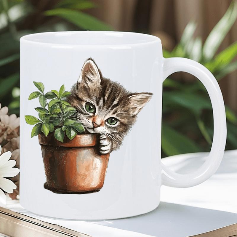 Tailorly White Ceramic 11 oz Mug - Adorable Tabby Peeking Over Brown Terracotta Pot With Lush Green Leaves Kitten