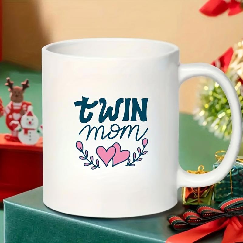 Tailorly White Ceramic 11 oz Mug - Twin Mom Two Pink Hearts Between Floral Branches And Elegant Stylized Script Mug