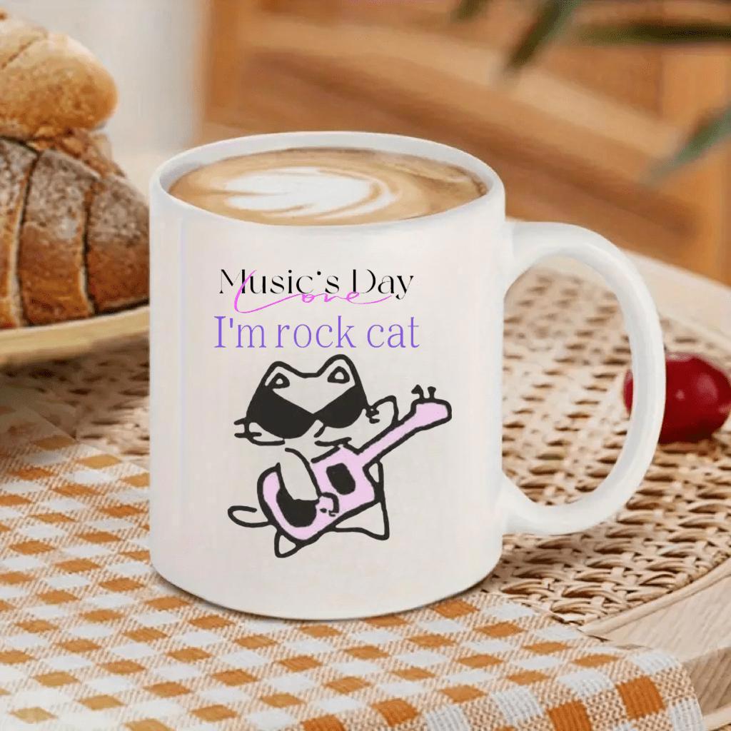 Tailorly White Ceramic 11 oz Mug - Music Day Rock Cat Artistic Cartoon Feline Playing Guitar While Wearing Dark Cool Sunglasses Cat