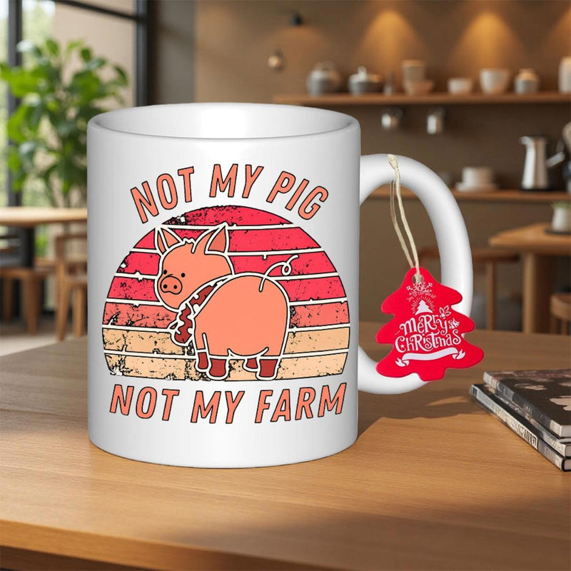 Tailorly White Ceramic 11 oz Mug - Not My Pig Not My Farm Retro Striped Sunset Scene With A Charming Pink Cartoon Animal Pig