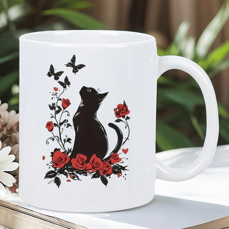 Tailorly White Ceramic 11 oz Mug - Elegant Black Silhouette Sitting Among Blooming Red Roses And Butterflies Cat